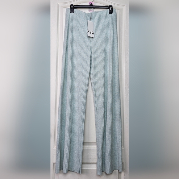 ZARA FLOWY WIDE LEG RIBBED PANTS | Green Marl | LARGE - Picture 2 of 4